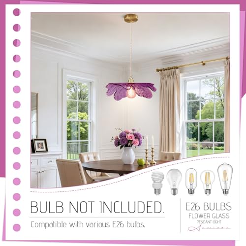 Purple Glass Pendant Light Fixtures 15.75" Large Flower Petal Ceiling Hanging Light Statement with Brushed Gold Base Mid Century Modern Chandelier for Kitchen Island Dining Room Living Room Foyer