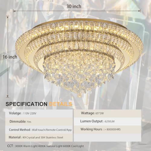 30" Gold Crystal Flush Mount Chandelier Modern LED Ceiling Light Fixture