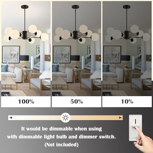 8 Light Globe Sputnik Chandelier Black Mid Century Modern Light Fixture Matte Black Finished with White Frosted Globe Glass Lampshade Sputnik Chandeliers for Dining Room Bedroom Kitchen Island (8 Count)