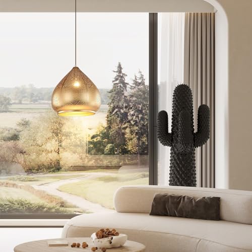 Farmhouse Pendant Light Fixture Vintage Gold Metal Moroccan