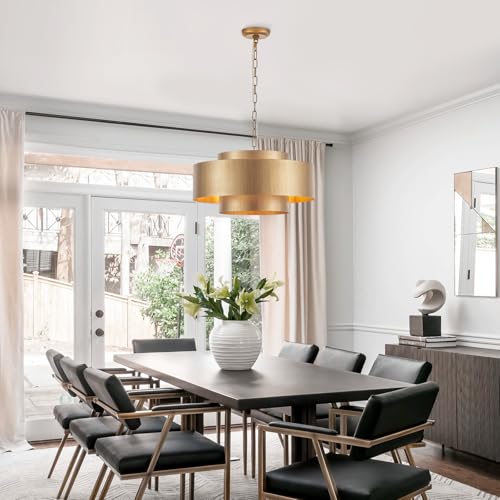 20” Brushed Brass Modern Chandelier Classic 3 Round Metal Pendant Light Contemporary Adjustable Industrial Pendant Light for Dining Room Kitchen Island Living Room Bedroom (3 Count)