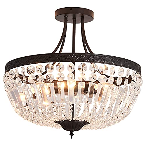 5 Light E12 Round Crystal Ceiling Light Fixture Modern Semi Flush Mount Chandelier Ceiling Lamp for Living Room Dining Room Entryway Hallway Foyer Bedroom Laundry Bathroom（Black）