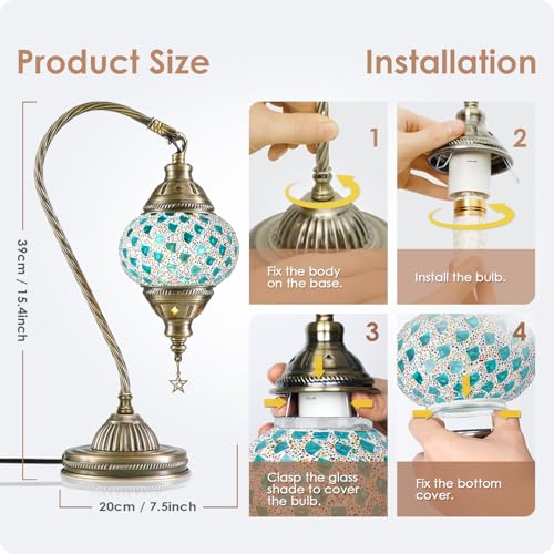 Turkish Moroccan Lamp with Bronze Base 3 Color Options Handmade Swan Neck Mosaic Glass Bedside Lamps for Bedroom
