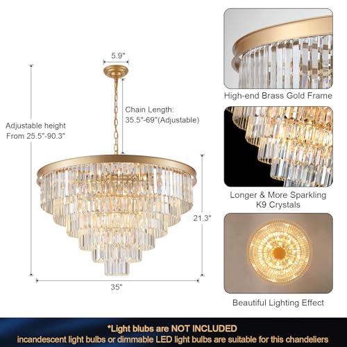 Modern Gold Crystal Chandelier 35”Large Chandeliers for High Ceiling Foyer