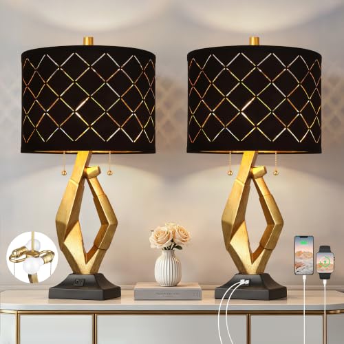 Modern Black and Gold Table Lamps Set of 2 with Dual Pull Chains Switch (2 Count)