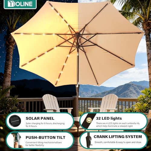 9 FT Patio Umbrella with lights Outdoor Garden Umbrella Beige