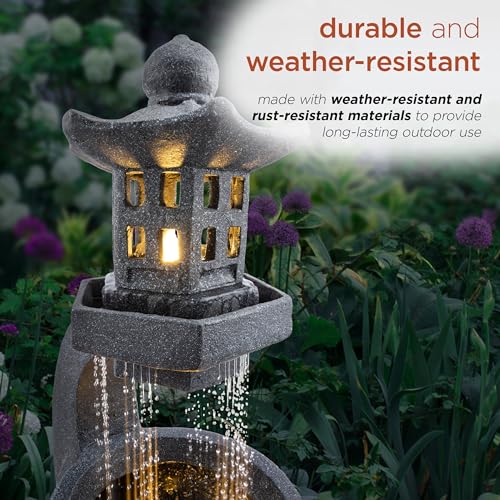 DIG370 31" Outdoor Zen Pagoda Water Fountain with LED Lights & Illuminated Stone Bowl