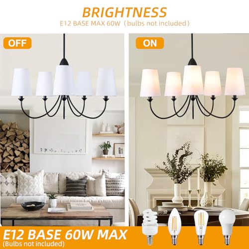 Black Chandelier,5-Light Vintage Farmhouse Chandeliers for Dining Room with White Fabric Shade,30" Modern Industral Chandelier Light Fixture for Bedroom Foyer Porch Living Room Kitchen entryway