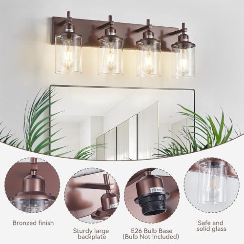 4 Light Bronze Bathroom Light Fixtures Over Mirror