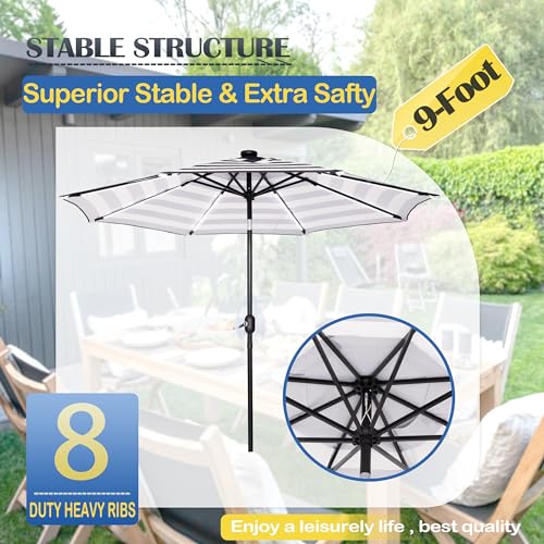 9FT Patio Umbrella with Solar Lights 8 LED Light Black and White