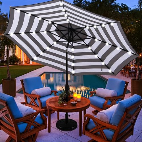 9 ft Solar Umbrella 32 LED Lighted Patio Umbrella Table Market Umbrella with Tilt and Crank Outdoor Umbrella for Garden