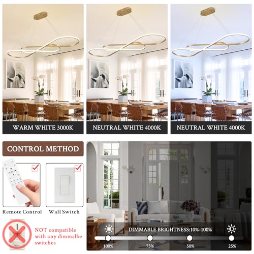 Modern LED Chandelier Gold Dimmable LED Pendant Light for Dining Room Light Fixture Over Table Modern Kitchen Island Lighting High Ceiling with Remote for Living Room