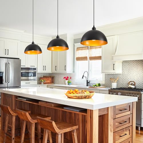 Plug in Pendant Light 2 Pack Industrial Hanging Lamp with Golden Finish Inside Black Vintage Pendant Lighting Fixtures with 15ft Cord On (2 Count)