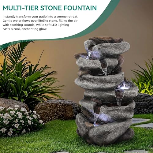 20" H Rock Outdoor Water Fountain with LED Lights
