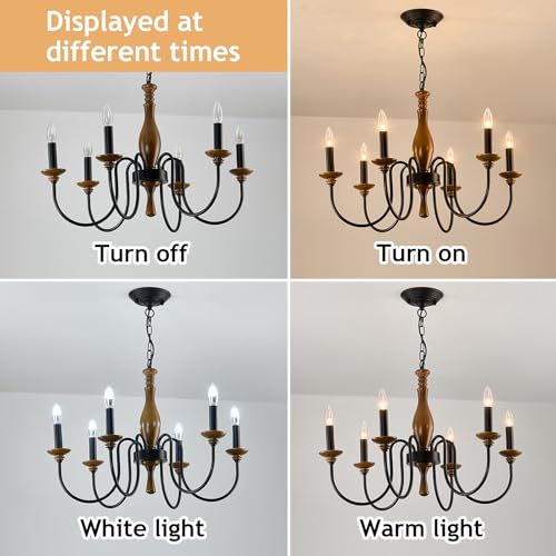 Farmhouse Wood Chandelier for Dining Room Rustic Candle Ceiling Chandelier Black Adjustable Hanging Light Fixture for Kitchen Living Room Foyer Entryway