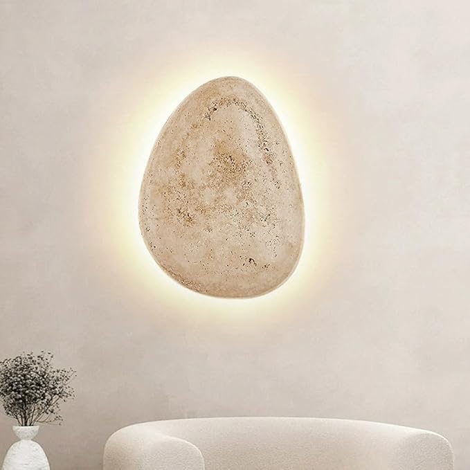 Wabi-Sabi Art Lighting Fixture, Japanese Style Natural Stone Wall Light, Cobblestone Shape Yellow Travertine Wall Sconce, 7W LED Warm Light 3000K Wall Lamp for Bedside Bedroom Living Room