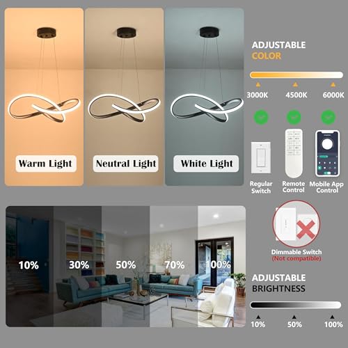 LED Chandelier Modern Pendant Light Contemporary Chandelier Ring Light Fixture Black with 3000K