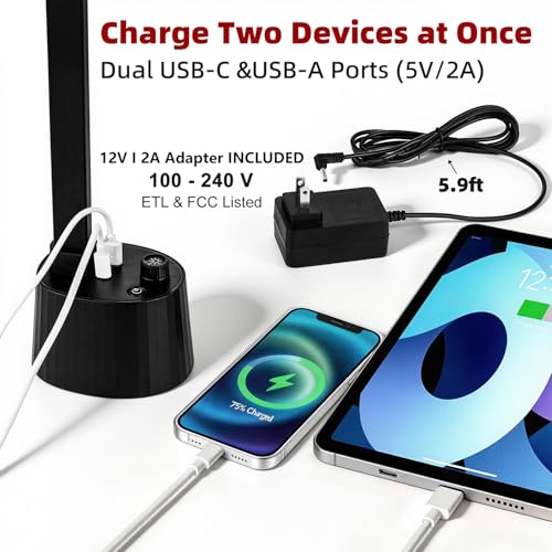 Small Desk Lamp with USB C Charging Port 5 Colors Stepless Dim Black (Matte Black / Compact)
