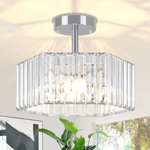 Chrome Crystal Semi Flush Ceiling Light Modern Entryway Light Fixture