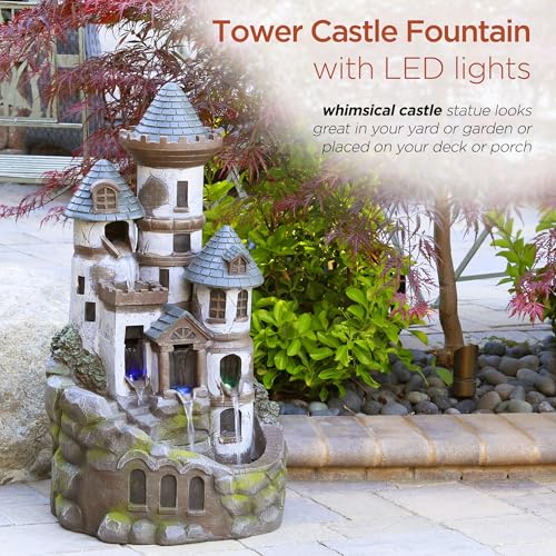 USA1368 Outdoor Floor Tiered Fairy Castle Water Fountain with Color Changing LED Lights