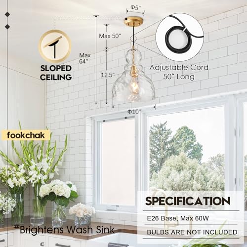 Hammered Glass Pendant Light Gold Pendant Lights Kitchen Island 10in Large Brass Kichen Island Light Over Sink Glass Ceiling Pendant Light for Entry Hallway Dining Room