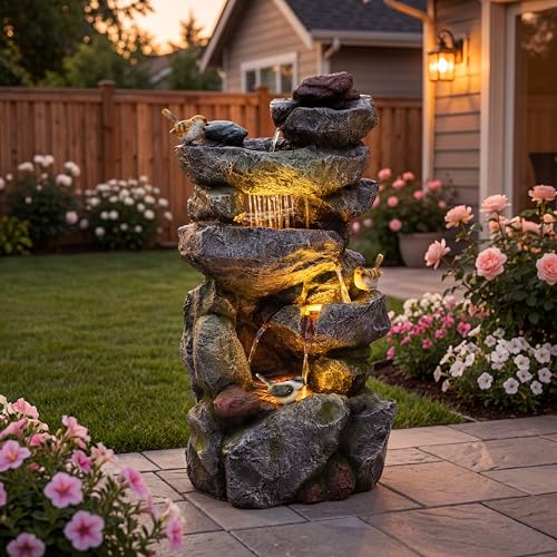31.5" Multi Tier Rock Outdoor Water Fountain with LED Lights (72 Count)