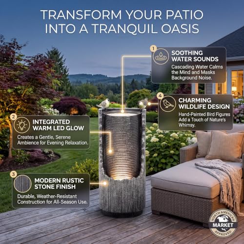 AUTODAYA 32" Bird Outdoor Fountain Distressed Fluted Column with Lights