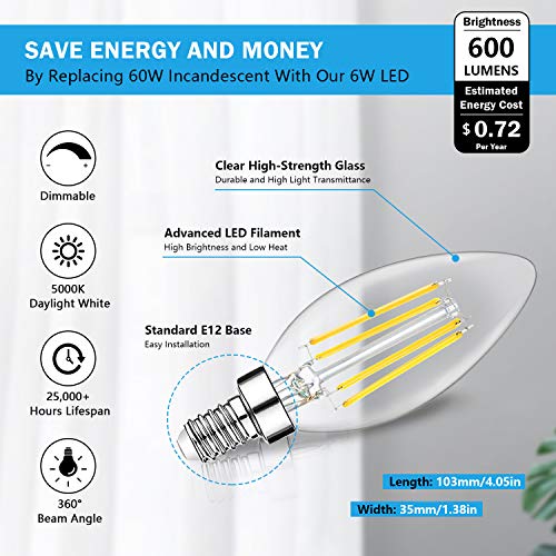 6 Pack Dimmable E12 LED Candelabra Bulbs 60W Equivalent (6 Count)