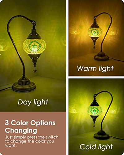 Turkish Moroccan Lamp with Bronze Base 3 Color Options Handmade Swan Neck Mosaic Glass Bedside Lamps for Bedroom
