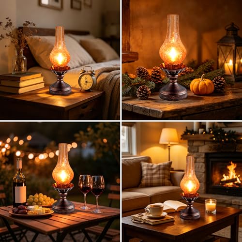 Vintage Table Lamp with Red Amber Gradient Crackle Glass Shade