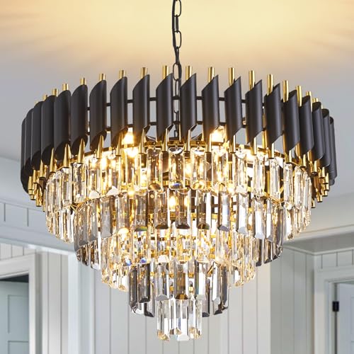 Crystal Chandelier 24Inch 5 Tiers Smoke Grey and Gold 10 Lights