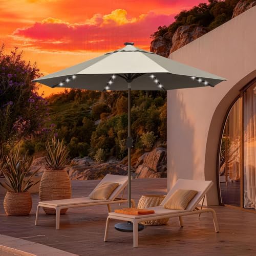 USA 10-Year-Non-Fading 10ft Market Patio Umbrella, Commercial Grade Table Sun Umbrella with 80 Solar LED Lights, Crank Open, Windproof & UPF 50+ UV Protection for Garden, Deck, Pool, Backyard, Antique Beige