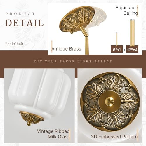 Vintage Gold Pendant Light Fixture Milk Glass Semi Flush Ceiling Light