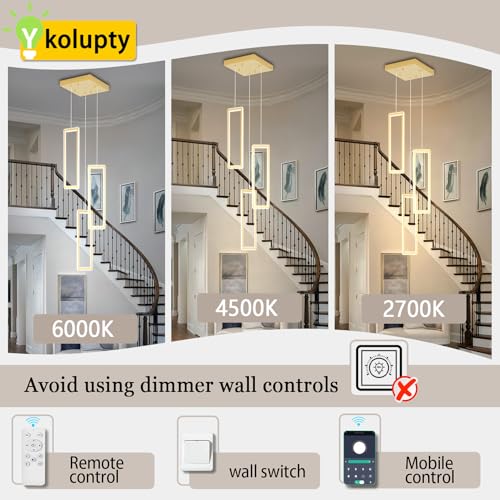 3 Lights Modern Rectangle Chandelier Dimmable Pendant Lighting Adjust LED Staircase Chandelier Hanging Light Fixtures for Kitchen Island Dining Room Entryway Foyer Gold