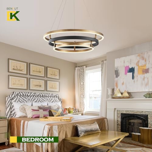 Modern LED Chandelier Black Gold Dimmable 3 Ring Pendant Light for Dining Room
