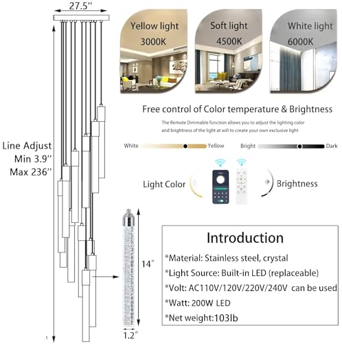 40 Lights Modern LED Crystal Chandeliers for Staircase 236'' Long High Ceiling Chandelier Dimmable Spiral Crystal Chandelier Hanging Light Fixture for Entryway Staircase Foyer Hallway