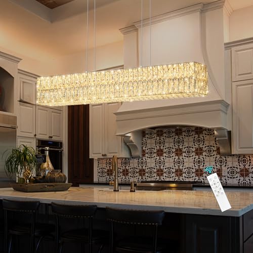 40 Inch Glam Crystal Chandelier Modern Dimmable Crystal Chandeliers LED Rectangular Ceiling Light Fixtures for Dining Room Living Room Silver