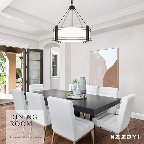 20.4'' Black Drum Chandelier with White Linen Fabric Shade (5 Count)