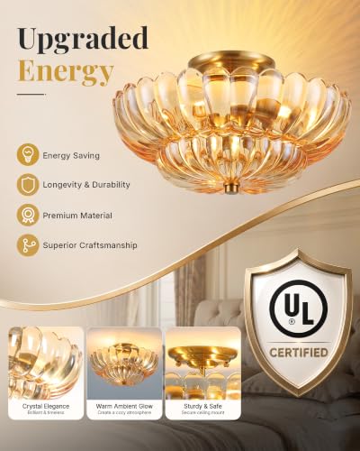 Semi Flush Mount Ceiling Light Fixture 14" Vinatge Gold Ceiling Lights Amber Mid Century Modern Glass Close to Ceiling Lighting Fixtures for Bedroom Hallway Kitchen Laundry Room Bathroom