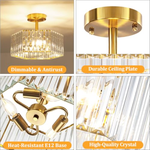 3 Light Crystal Semi Flush Mount Ceiling Light Gold Hallway Light Fixture