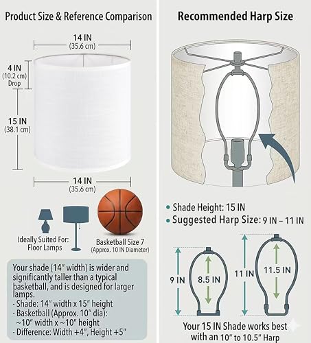 Large Tall Drum Lamp Shade Set of 2 White Linen Lampshades for Floor Lamps and Table Lamps 14 x 14 x 15 Inch