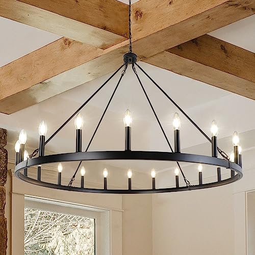 47'' 20 Light Large Black Wagon Wheel Chandelier for Living Room