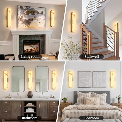 20in Alabaster Wall Sconce Set of 2 Gold 3CCT Marble Wall Light