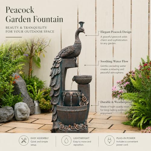 Outdoor Water Fountain 41" H Cascading Peacock Waterfall Fountain with LED Lights & Pump Tiered Water Feature for Garden