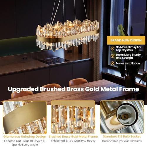 Modern Rectangular Gold Crystal Dining Chandelier Dimmable