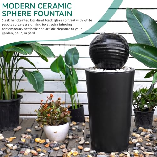 Autodaya 30"H Ceramic Sphere Water Fountain with LED Light for Garden Patio