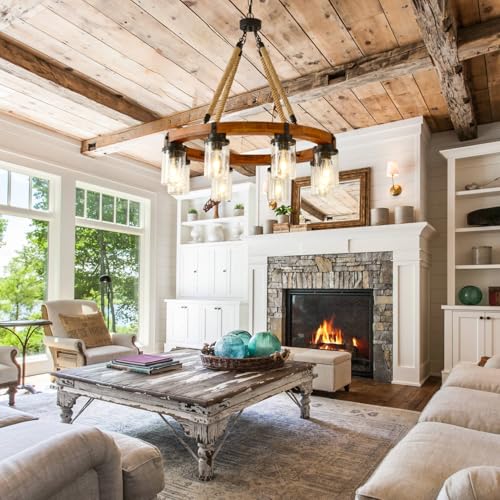 9 Light Round Wagon Wheel Chandelier Farmhouse Rustic Pendant Light Fixture with Seeded Glass Shades