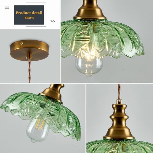1 Light Pendant Light with Brass Gold Metal Green Glass Shade and Adjustable Cord Industrial Ceiling Hanging Light for Kitchen Island Bar Dining Room Bedroom Foyer Hallway Farmhouse