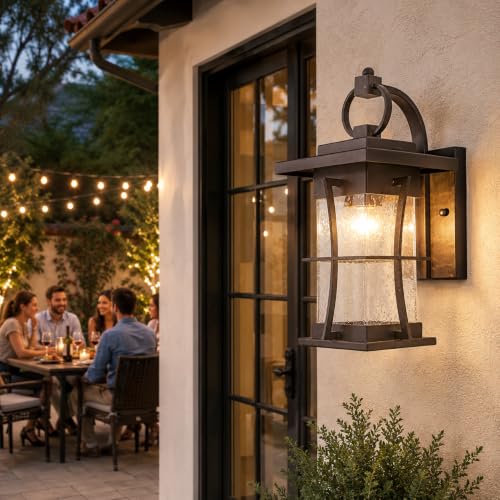 Oil Rubbed Bronze Outdoor Light Sconces Wall Mount Matte Brown Outdoor Wall Lamp Large Exterior Porch Wall Lantern with Seeded Glass 15" Outside Lights for House