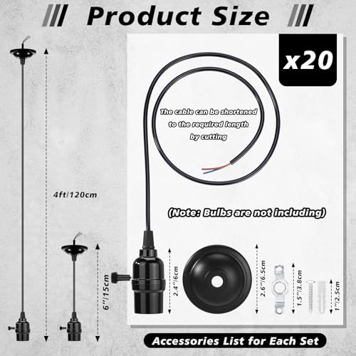 20 Pack Hanging Pendant Light Cord Kit Bulk E27 Base 4ft Adjustable Hanging Heavy Duty Industrial Edison Bulb Lamp Swag Light Kit for Kitchen Dining Room Terraces (20 Count)